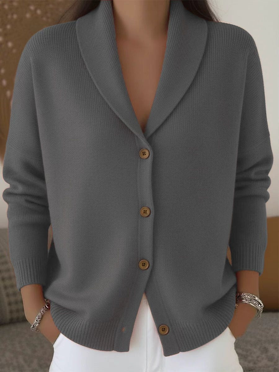 The same shawl-collar cardigan in heather grey.