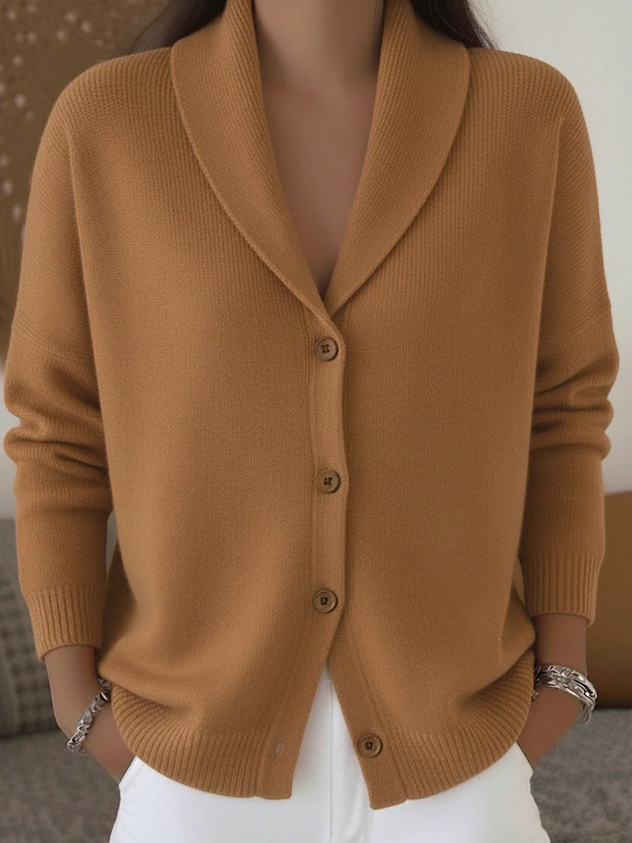 The same shawl-collar cardigan in camel.