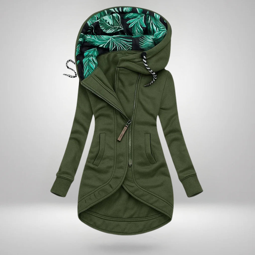Maren long zip jacket – green, front view with the drawstring hood