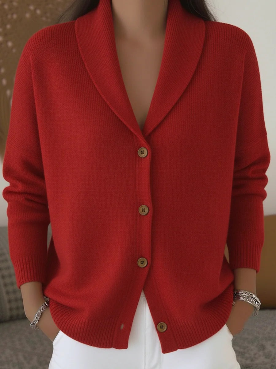 The same shawl-collar cardigan in red.