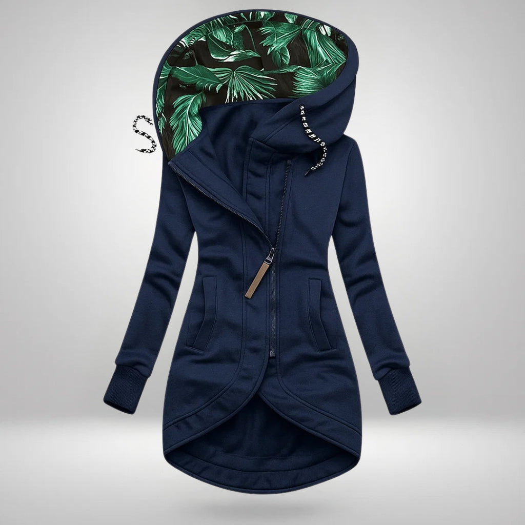 Maren long zip jacket – blue, front view with the leaf-print hood lining