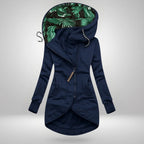 Maren long zip jacket – blue, front view with the leaf-print hood lining