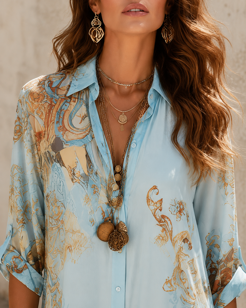 Close-up of the collar and button placket in pale blue, showing the fine gold scrollwork across the shoulder and the buttons down the front.