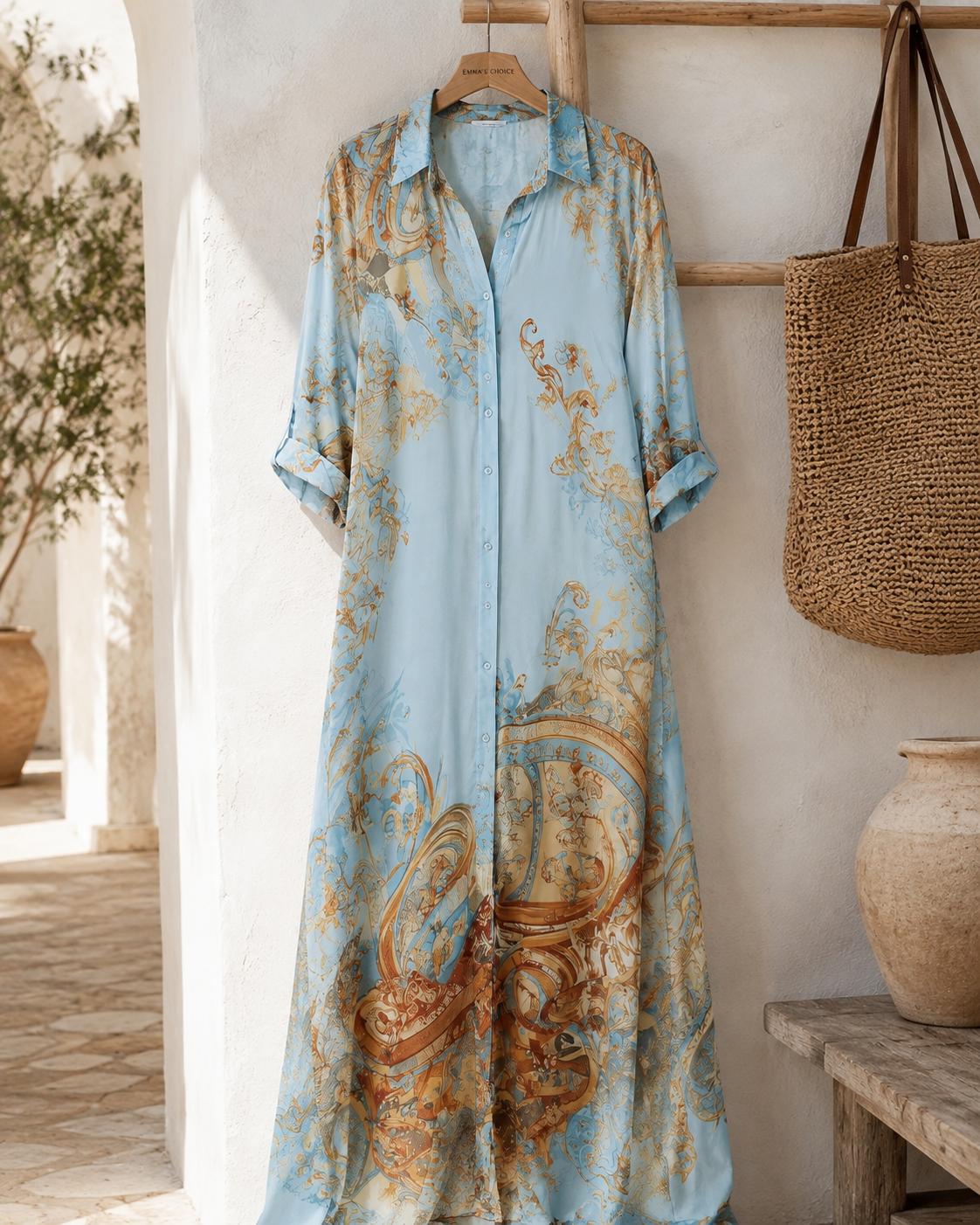 The dress on a wooden hanger against a white wall, showing the full length, the button front from collar to hem and the tabs that hold the rolled sleeves.
