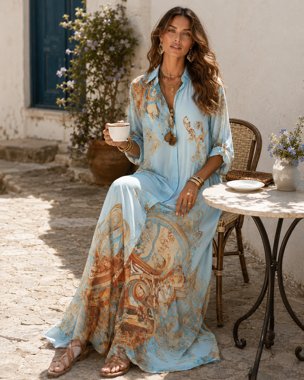 Seated at a café table with a coffee, the dress falling open over the knee and gathering on the ground.