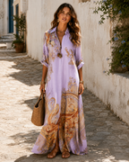The same shirt dress on a lilac ground, with the gold baroque border.