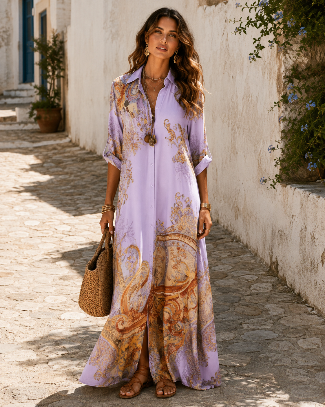 The same shirt dress on a lilac ground, with the gold baroque border.
