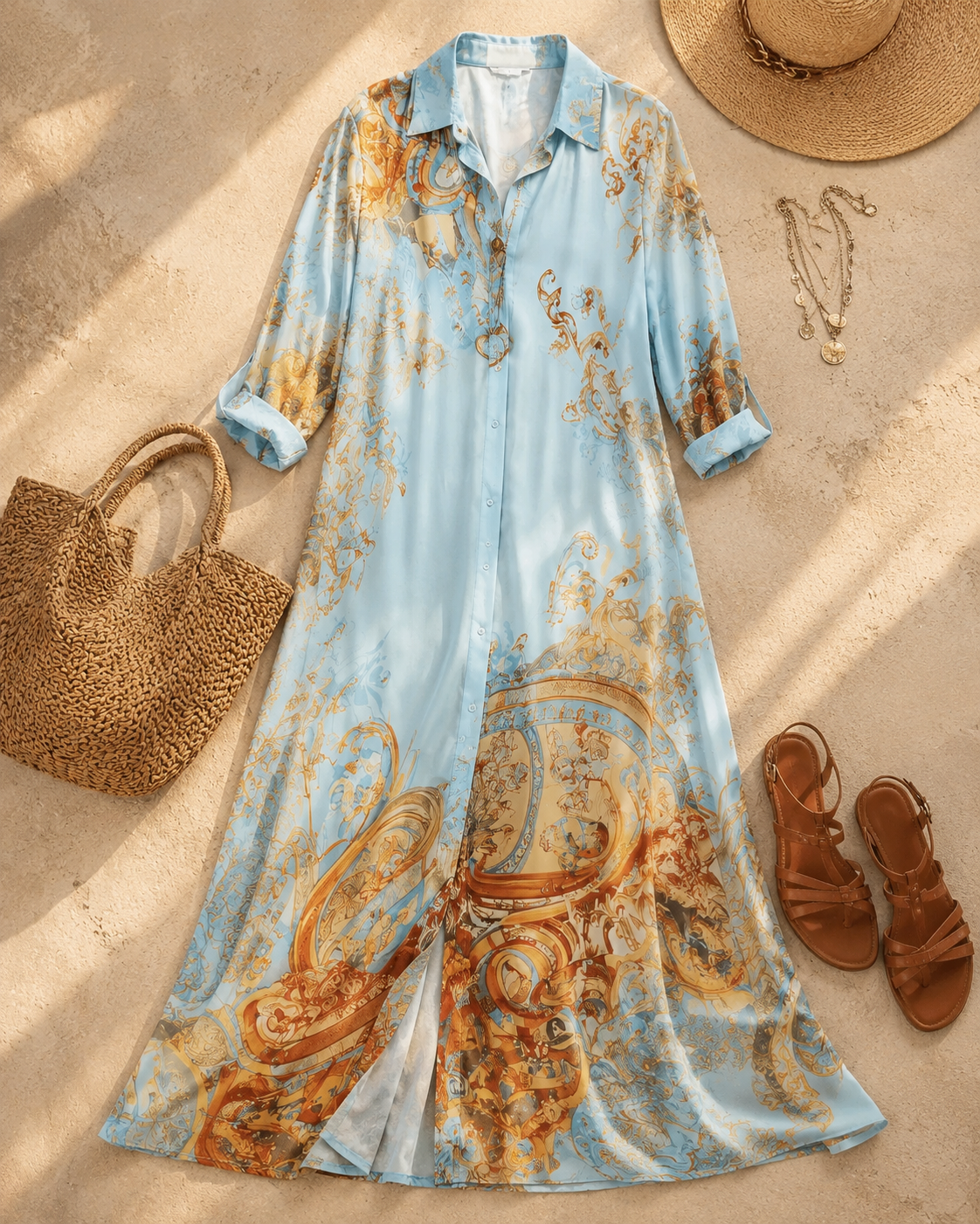 The dress laid flat on sand beside a straw tote, a wide-brimmed hat, layered gold necklaces and tan leather sandals.