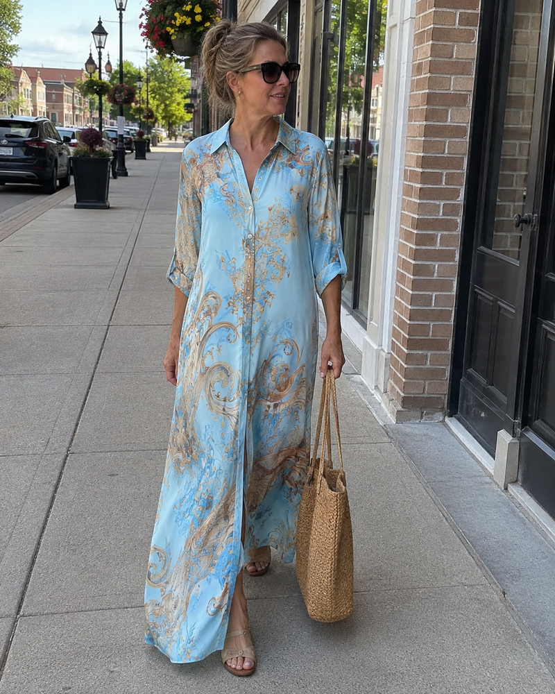 Customer photo: the pale blue dress worn walking down a town street with a straw tote, the skirt opening at the slit.