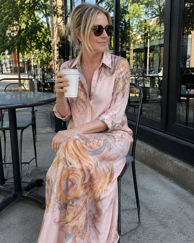 Customer photo: the dress in a soft blush, worn seated outside a café with a coffee, the skirt draped over the knee.