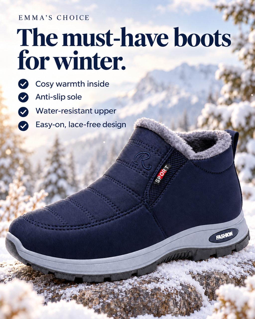Astrid quilted waterproof slip-on ankle boots in dark blue on a snowy rock