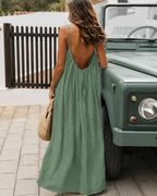 Back view of the Cleo dress, the scooped open back gathered onto a cord that ties at the centre