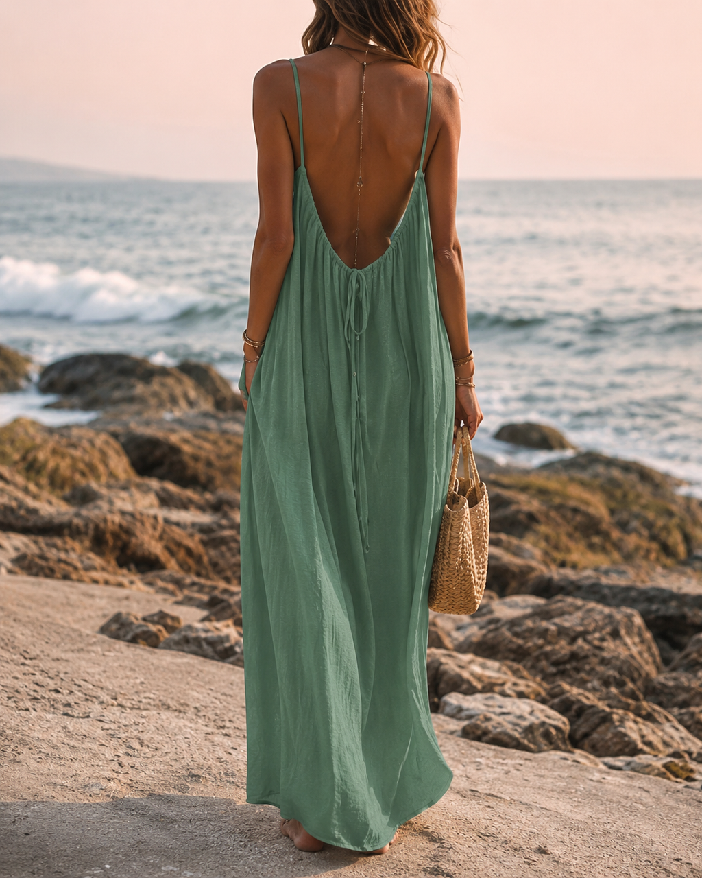 Second back view of the Cleo dress, showing the drawstring tie and the fall of the skirt