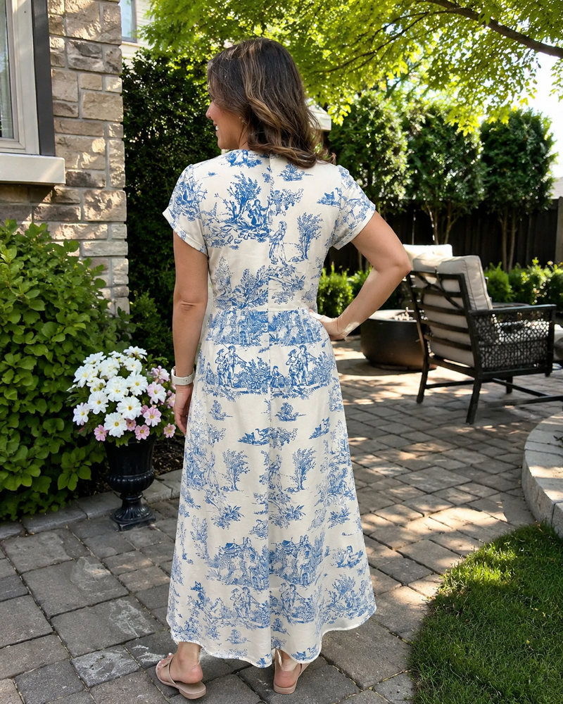Customer photo: back view of the Colette dress worn on a garden path, hem at the ankle