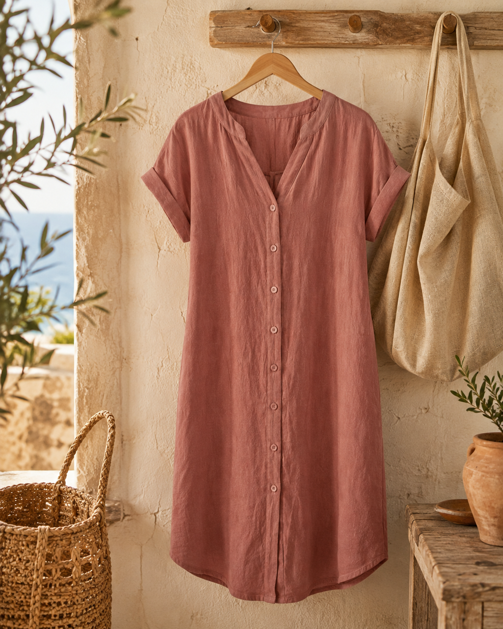 The dress on a wooden hanger against a plaster wall, showing the full button-through front from collar to hem, the roll-back cuffs and the curved hem.