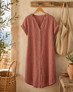The dress on a wooden hanger against a plaster wall, showing the full button-through front from collar to hem, the roll-back cuffs and the curved hem.