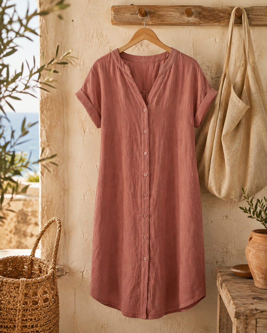 The dress on a wooden hanger against a plaster wall, showing the full button-through front from collar to hem, the roll-back cuffs and the curved hem.
