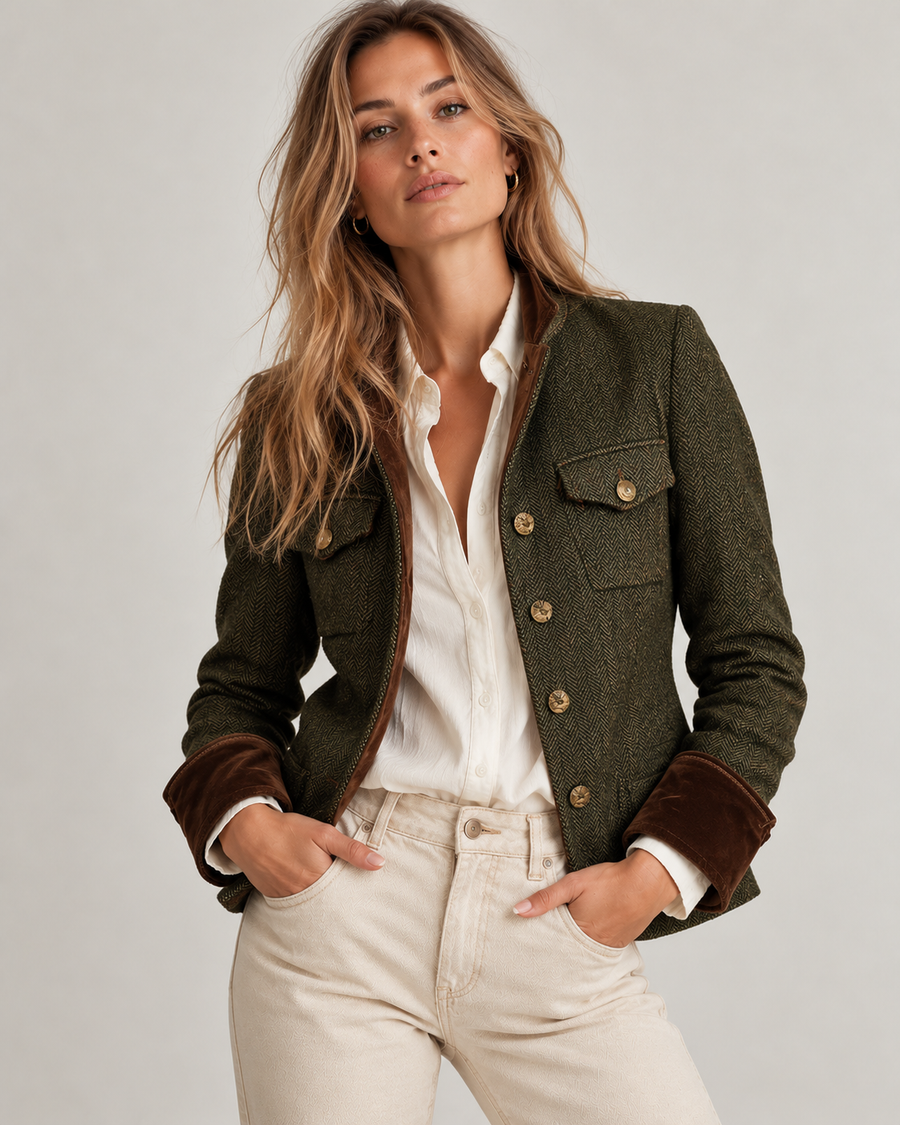 Harriet – Herringbone Tweed Blazer with Velvet Trim