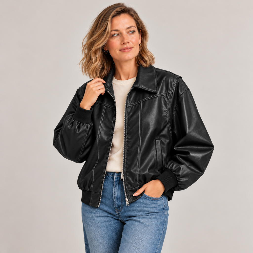 Jodie faux leather jacket – black, worn over a cream T-shirt with jeans