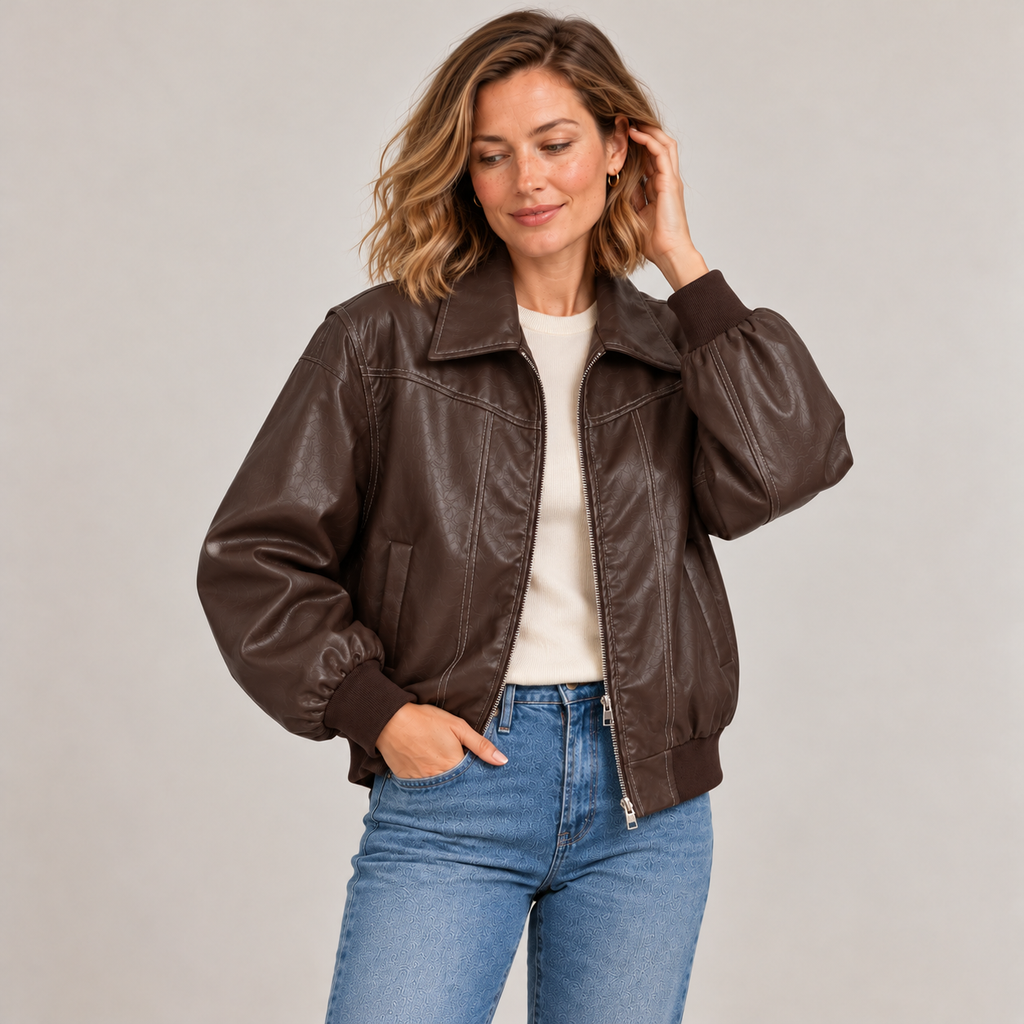 Jodie faux leather jacket – brown, worn open over a cream T-shirt