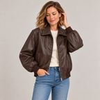 Jodie faux leather jacket – brown, worn open over a cream T-shirt