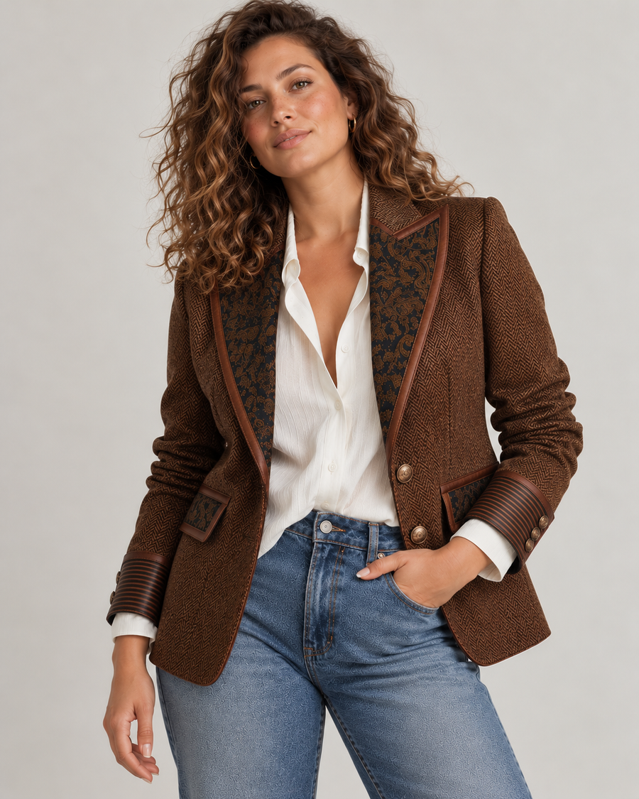 Open over a white shirt and jeans: the brocade lapel, the piping and the flap pockets