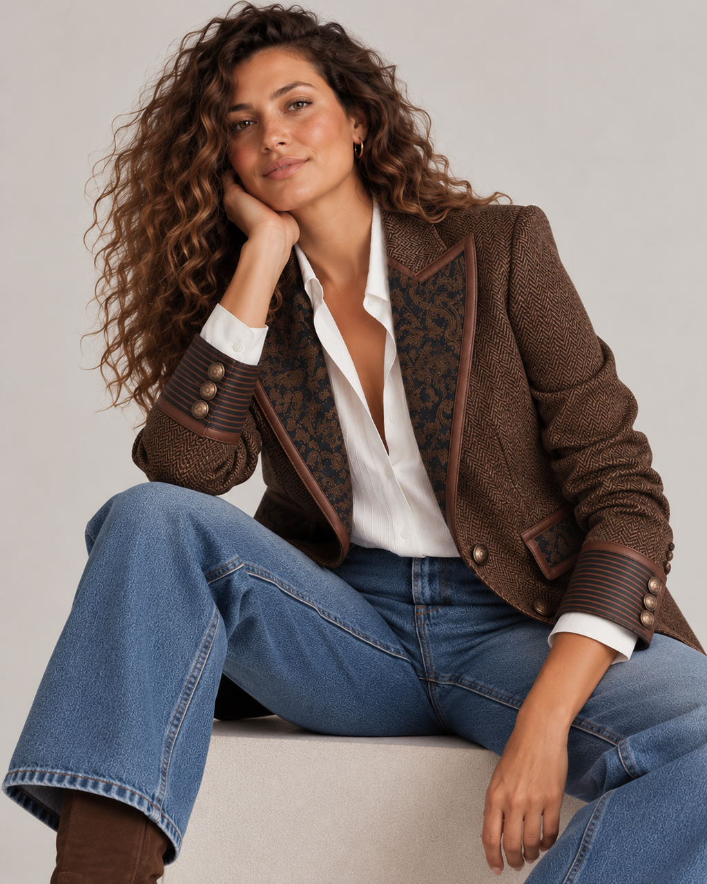 Josephine herringbone blazer in coffee brown, worn open over a white shirt and jeans