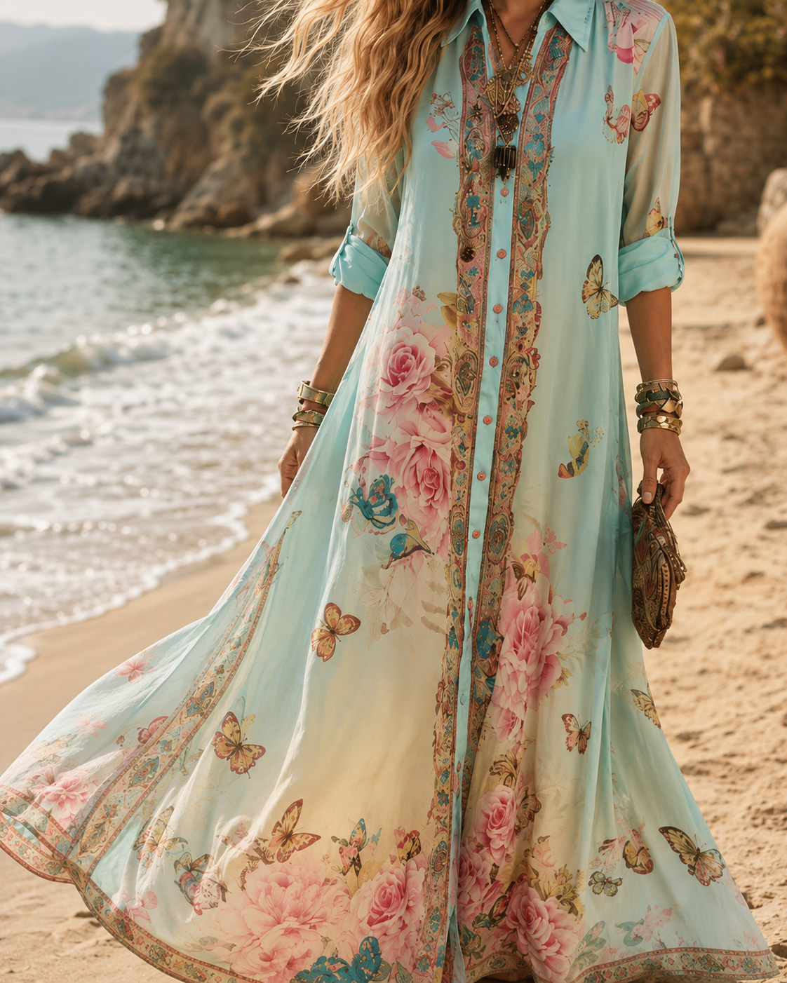 Close-up of the Juliette shirt dress: button placket with a decorative border, rolled sleeve and the placed floral print
