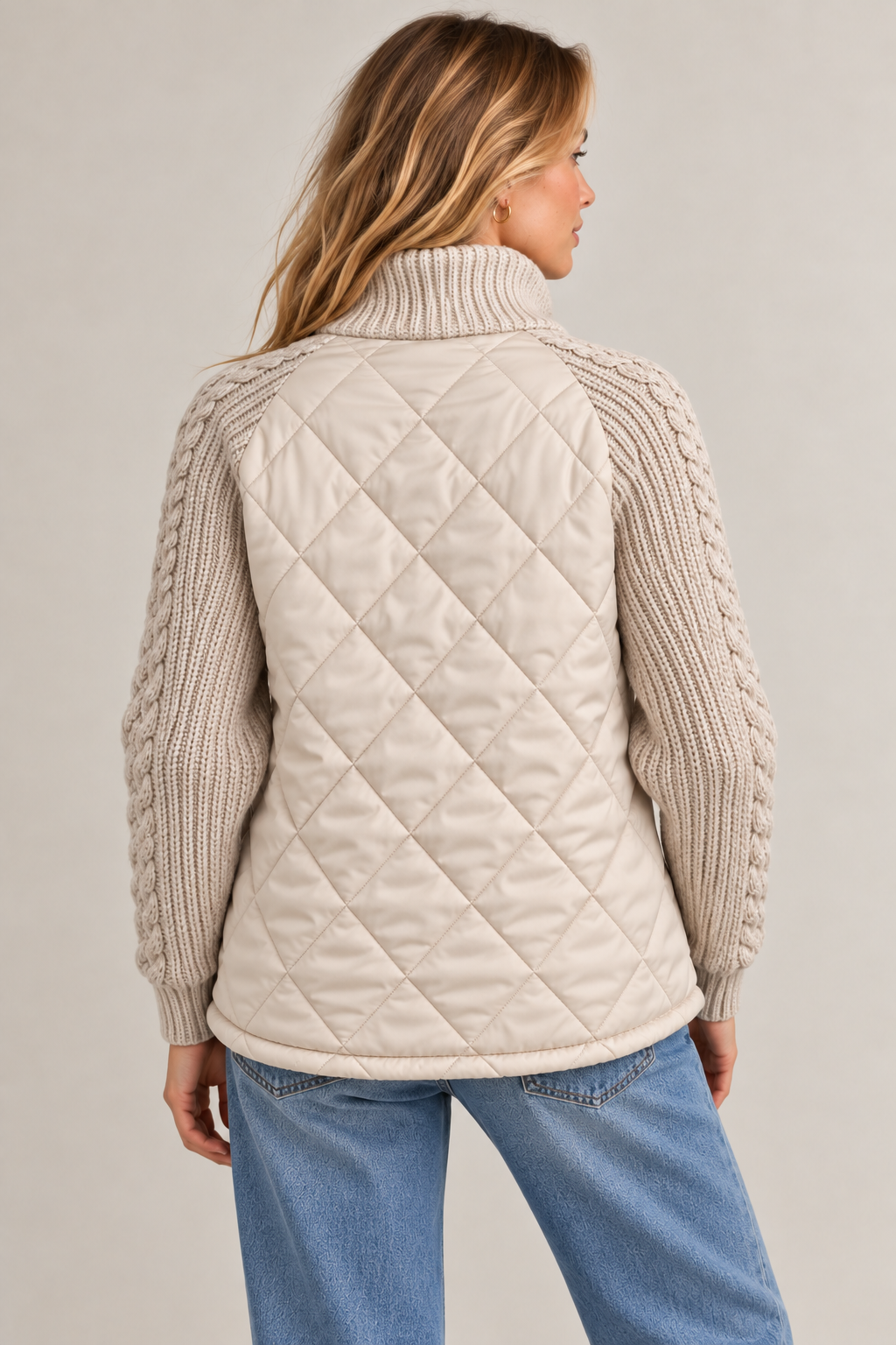 Lena quilted jacket – cream, back view with the high knit collar