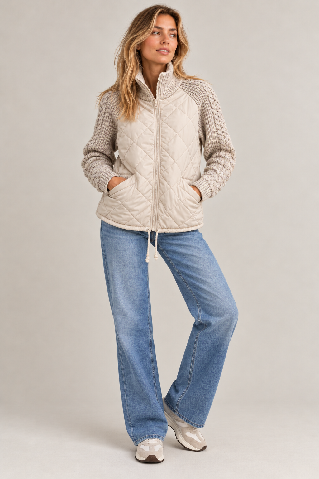 Lena quilted jacket – cream, full-length view with jeans