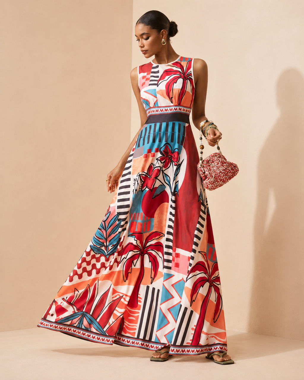 Liana – Placed-Print Flared Maxi Dress