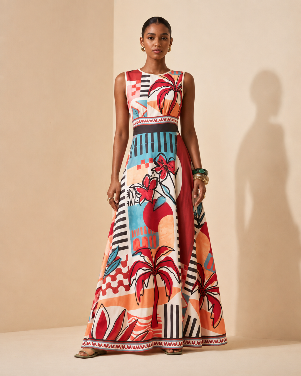 Liana – Placed-Print Flared Maxi Dress