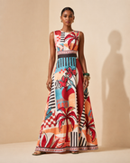 Liana – Placed-Print Flared Maxi Dress