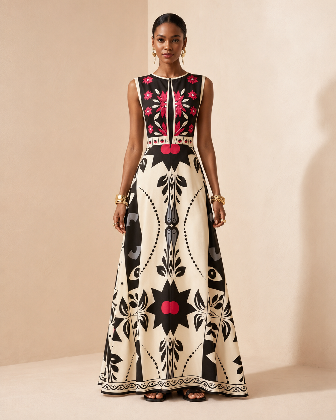 Liana – Placed-Print Flared Maxi Dress