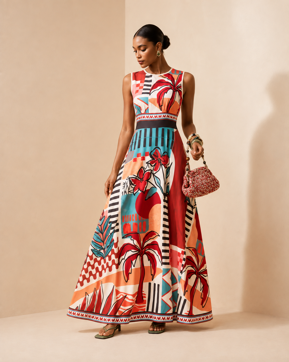Liana – Placed-Print Flared Maxi Dress