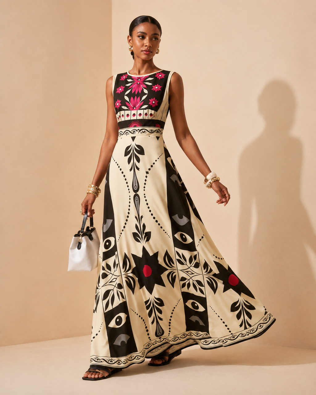 Liana – Placed-Print Flared Maxi Dress