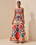 Liana – Placed-Print Flared Maxi Dress