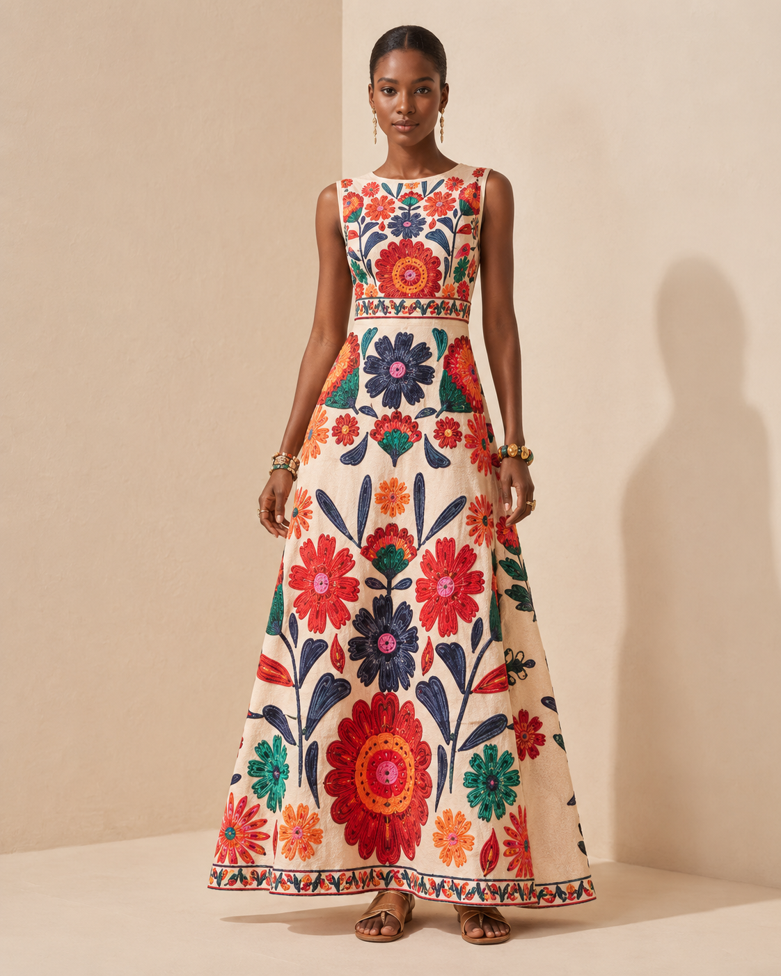 Liana – Placed-Print Flared Maxi Dress