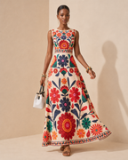 Liana – Placed-Print Flared Maxi Dress