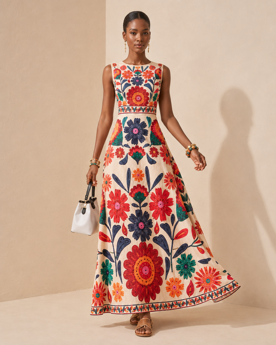 Liana – Placed-Print Flared Maxi Dress
