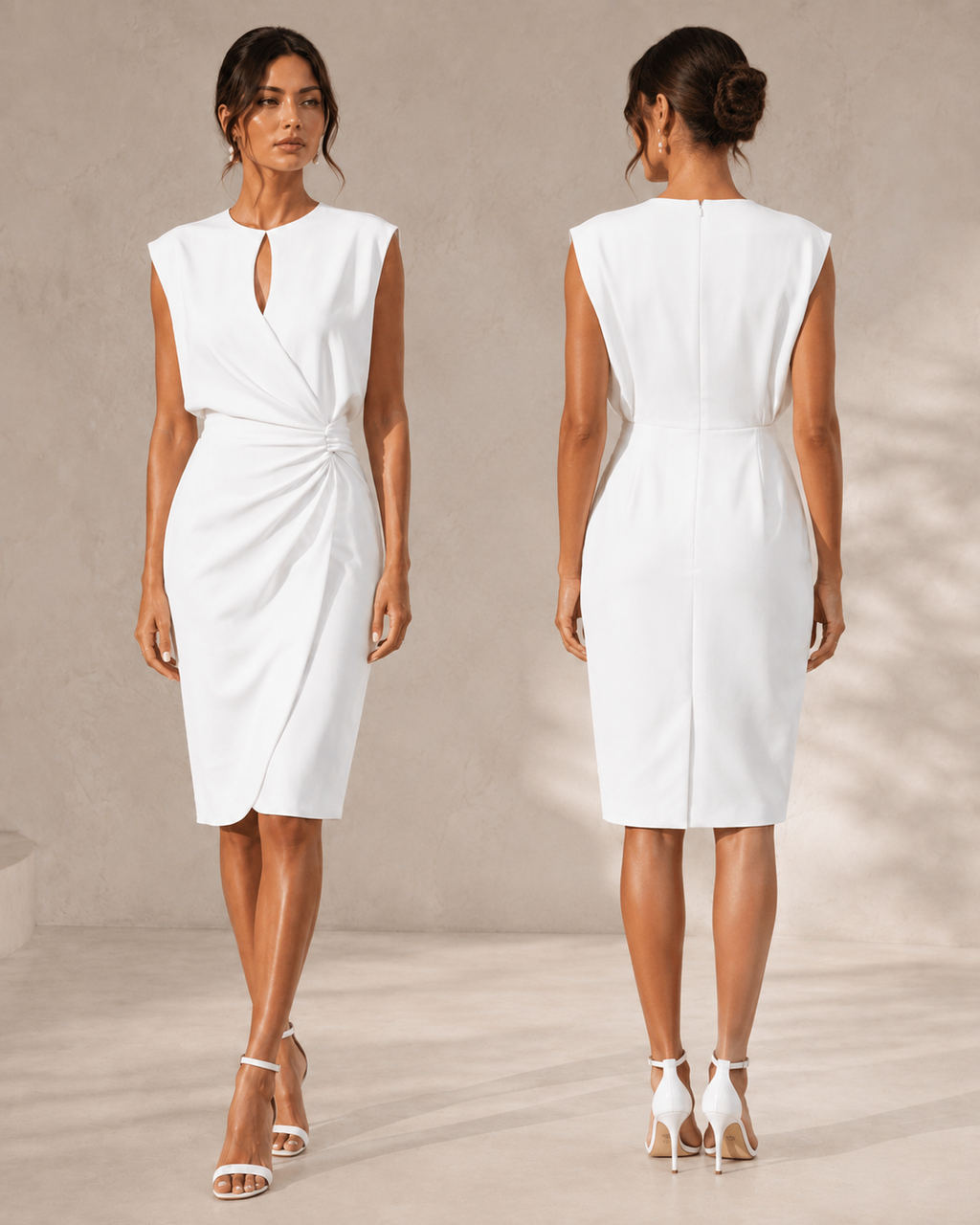 Camille dress in white, front and back: keyhole neck, knotted waist, back zip and hem vent
