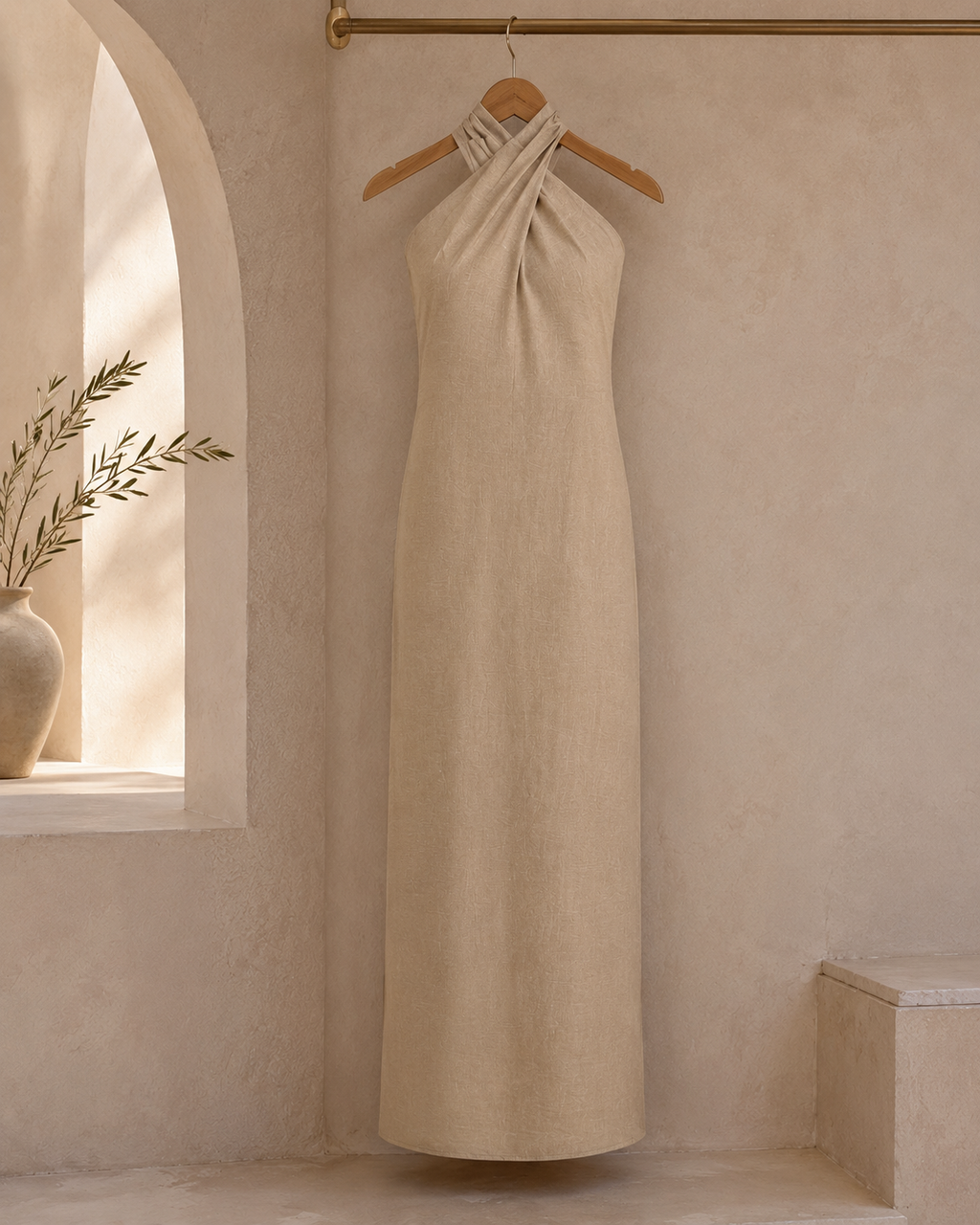 The Noelle dress in khaki on a wooden hanger, showing the crossover halter and straight column skirt