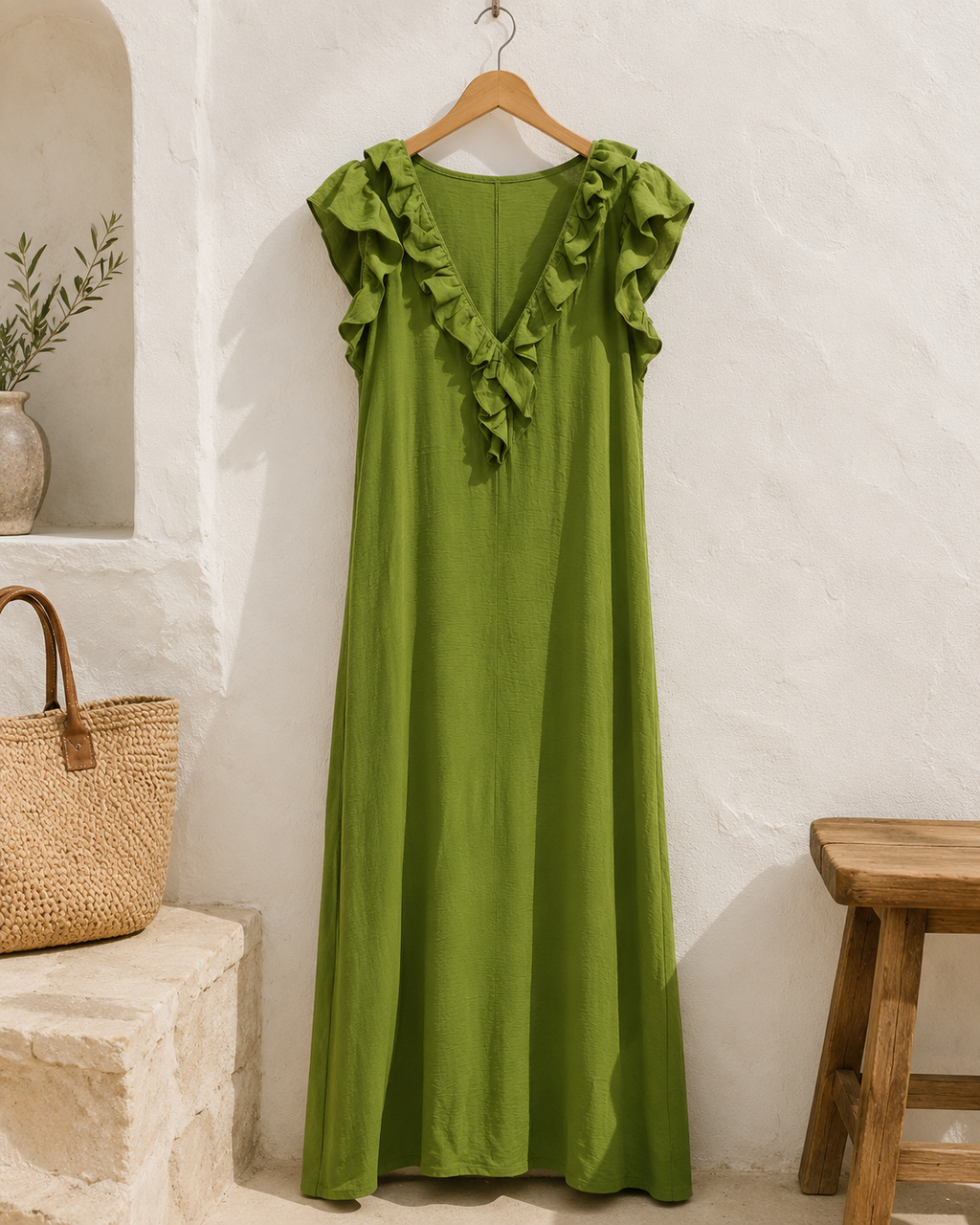 The Rosalie dress in green on a wooden hanger, showing the full A-line from shoulder to hem
