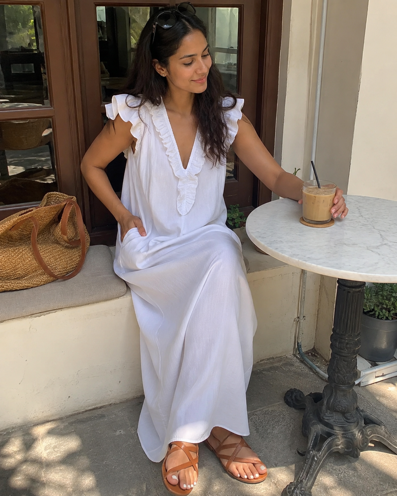 Customer photo: the Rosalie dress in white, seated at a cafe table with a hand in the side pocket
