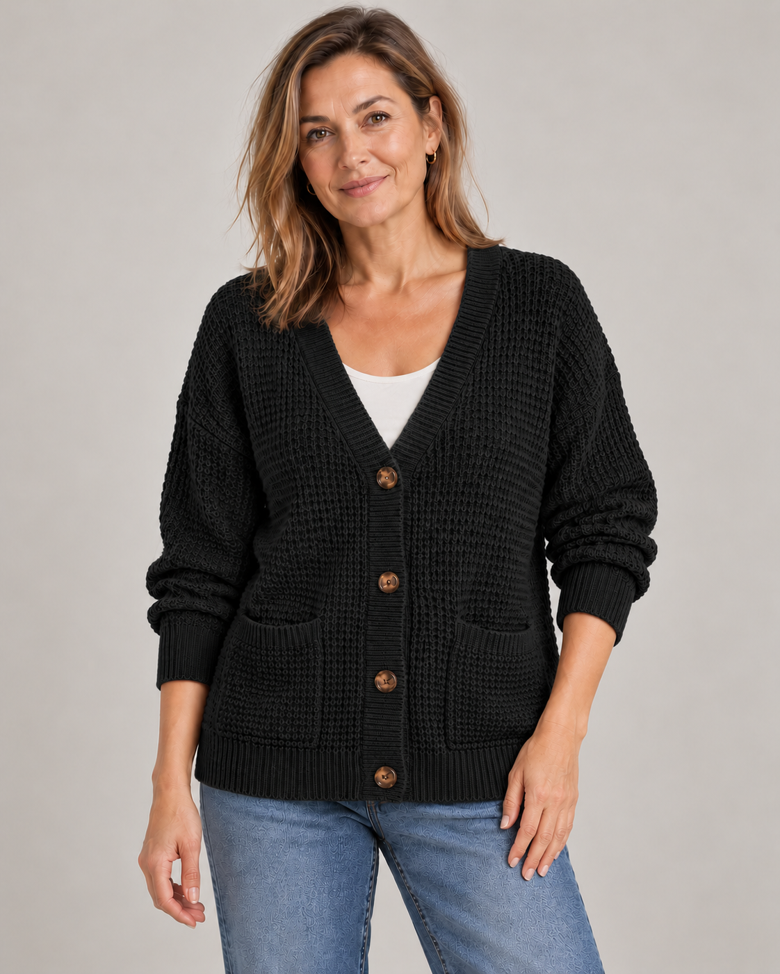 Elise – Waffle-Knit Button Cardigan