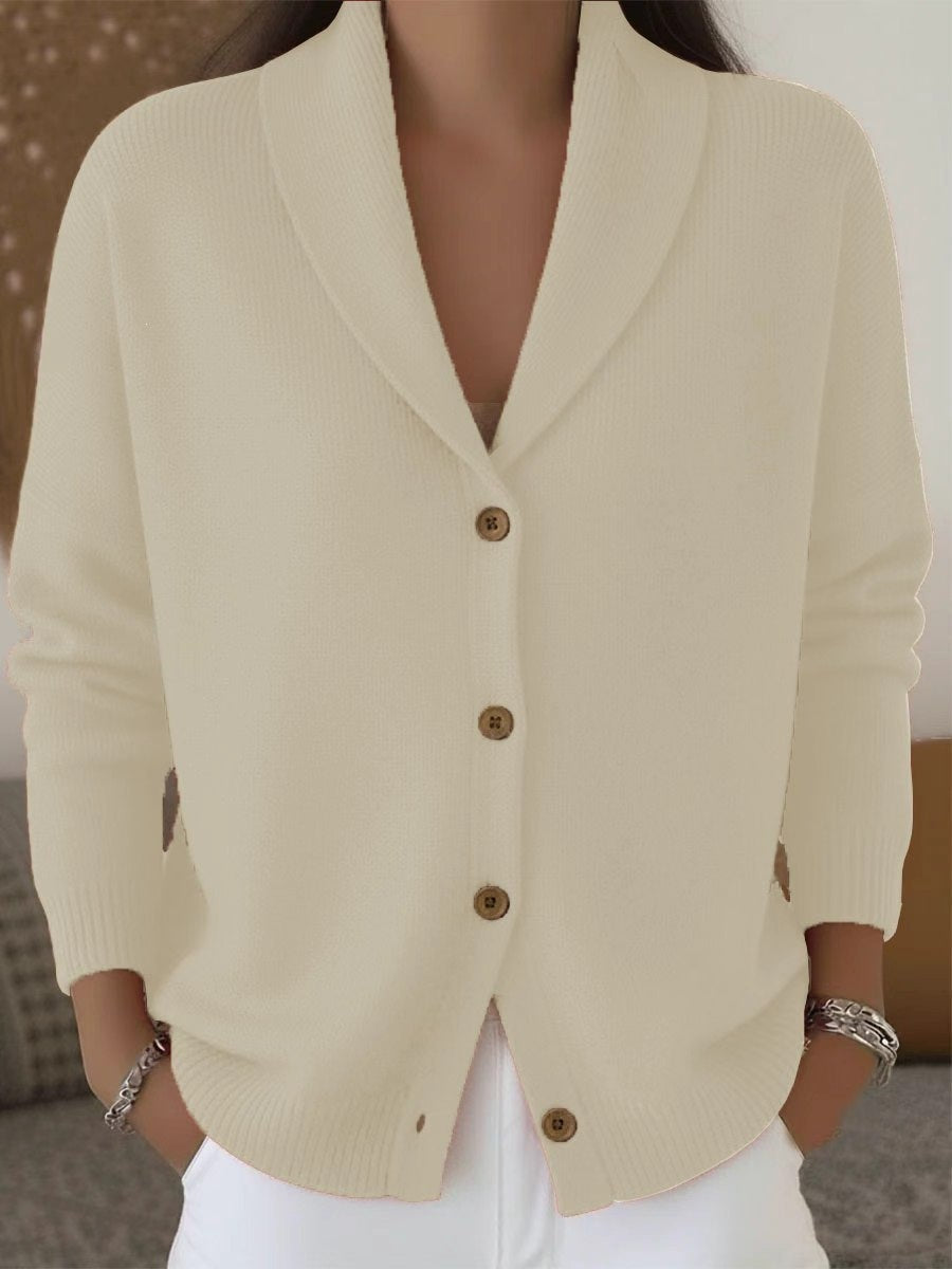 The same shawl-collar cardigan in oat.