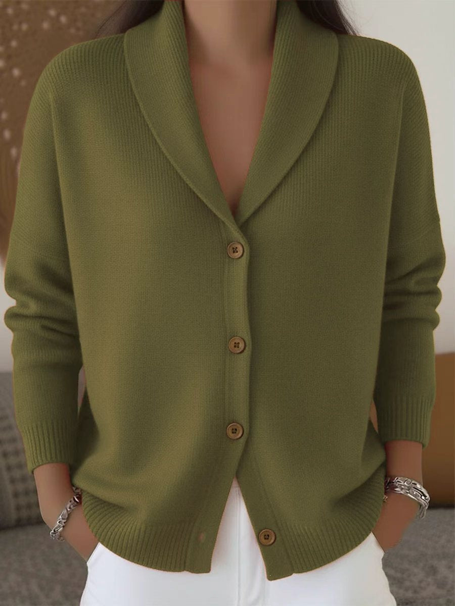 The same shawl-collar cardigan in olive.