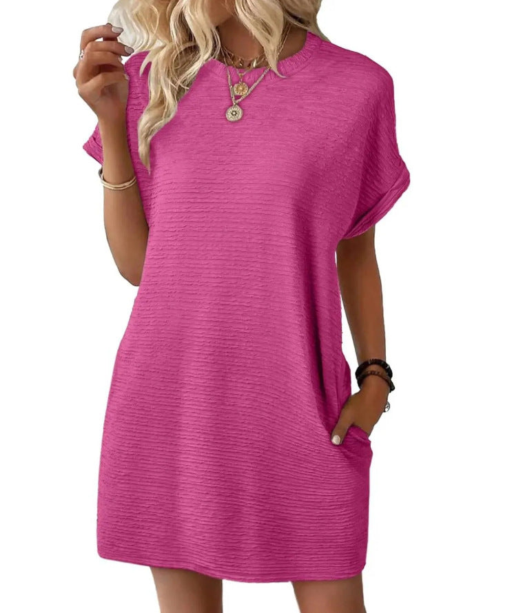 Nora textured T-shirt dress in fuchsia, side view