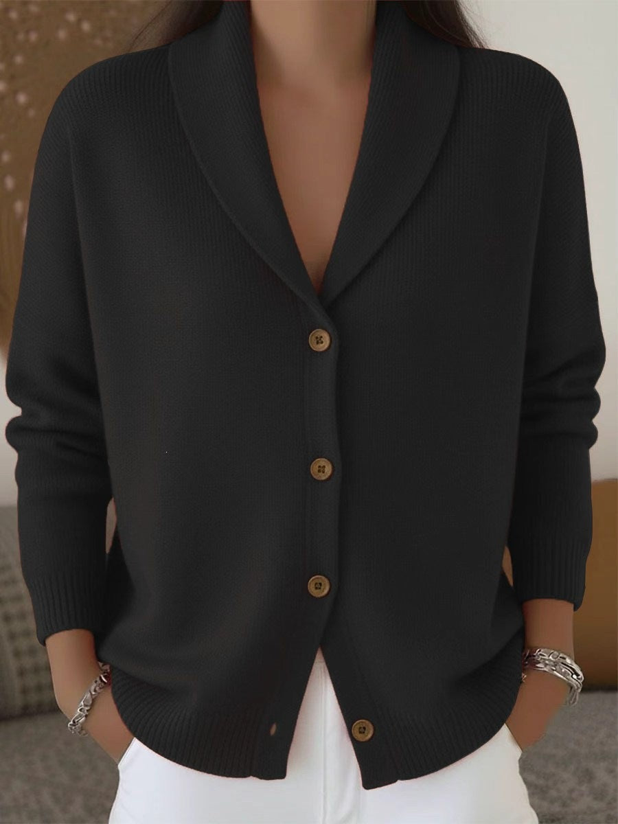 The same shawl-collar cardigan in black.