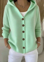 Darienne | Cardigan long boutonné en tricot avec capuchon